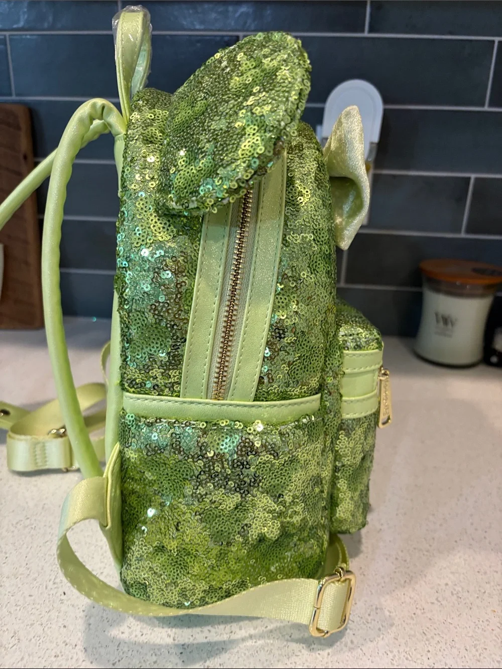 Disney Green Sequin Minnie Ear Loungefly Backpack with Hidden Mickeys. NWT